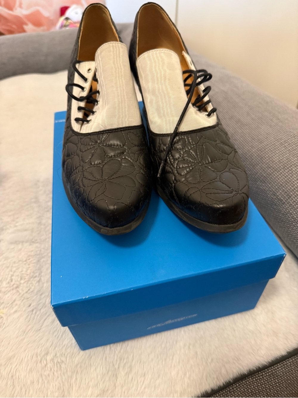 John Fluevog Black and Cream Floral-Embossed Lace-Up Heels